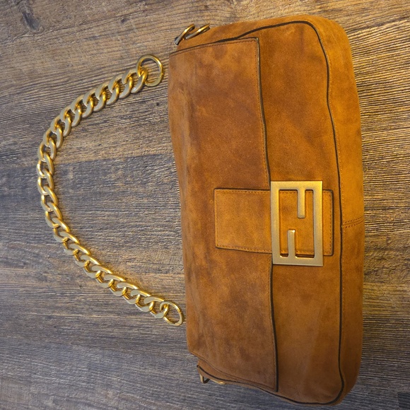 Fendi Baguette Carmel Brown Suede Gold Hardware Bag Italy Bonus Unbranded Strap - Picture 4 of 17